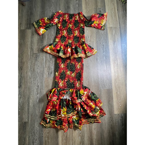 African mermaid 2 Piece Skirt Set Women M L Red Tropical Smocked Tiered Ruffle